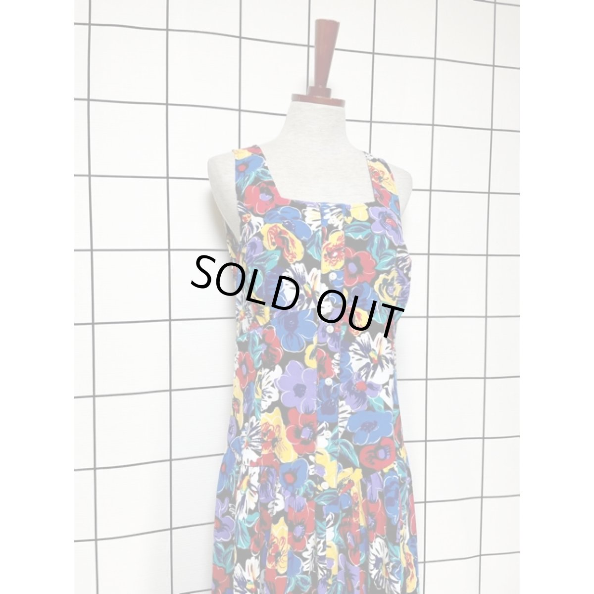 画像3: カラフルフラワープリント サーキュラー ヴィンテージワンピース レトロ ノースリーブ アメリカ古着 (3)