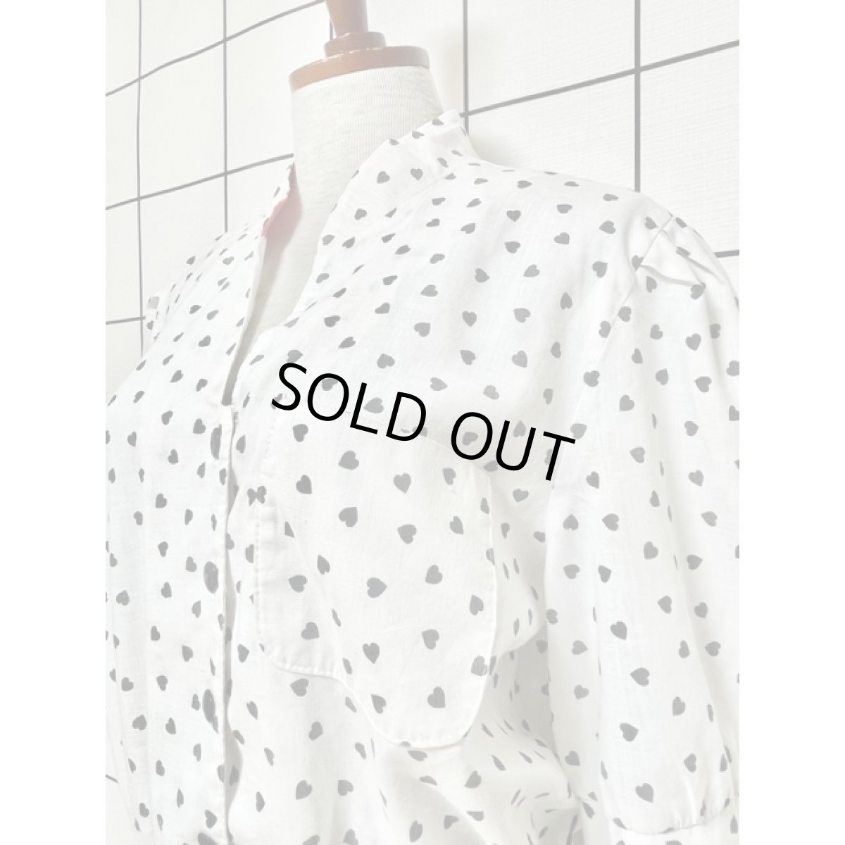 画像7: ハート柄 パフスリーブ ホワイト ブラック ウエストゴム 半袖 レトロ アメリカ古着 ヴィンテージワンピース (7)