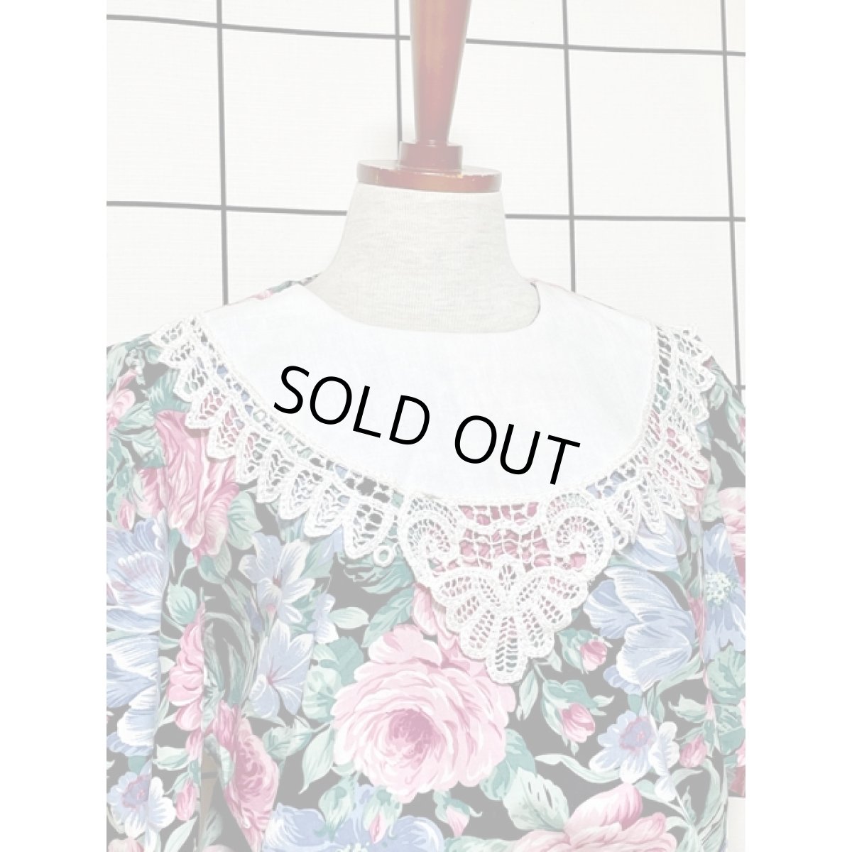 画像6: アンティークフラワー柄 レース襟 ビッグカラー ウエストゴム バックボタン ガーリー レトロ ヴィンテージワンピース アメリカ古着  (6)