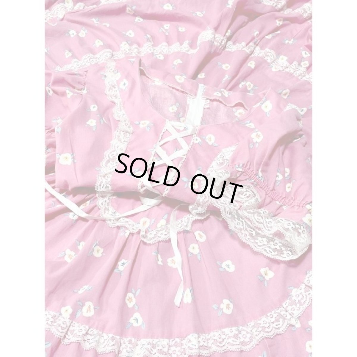 画像17: フリルレース サーキュラーデザイン リボン パフスリーブ 花柄 ヴィンテージドレスワンピース ピンク レトロ アメリカ古着 (17)