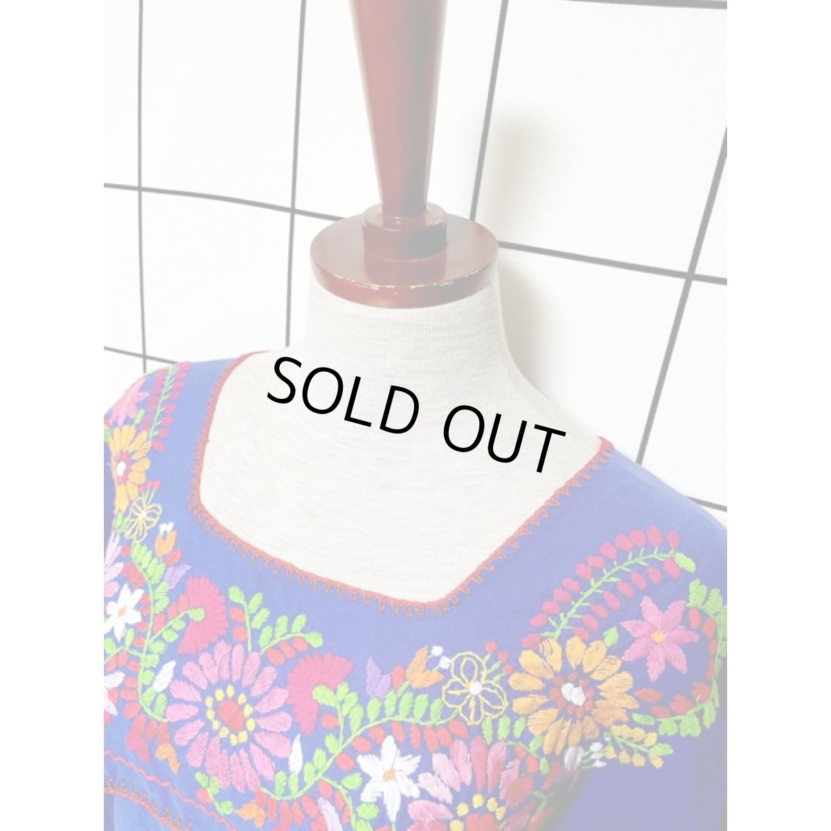 画像5: メキシカン花刺繍ドレス ブルー フォークロア レトロ ヴィンテージ (5)