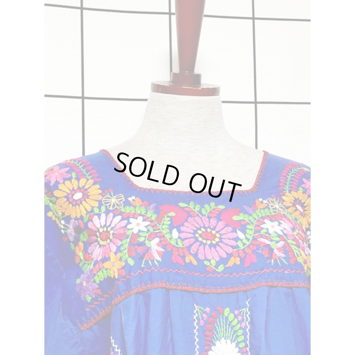 画像6: メキシカン花刺繍ドレス ブルー フォークロア レトロ ヴィンテージ (6)