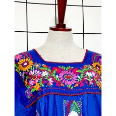 画像6: メキシカン花刺繍ドレス ブルー フォークロア レトロ ヴィンテージ (6)