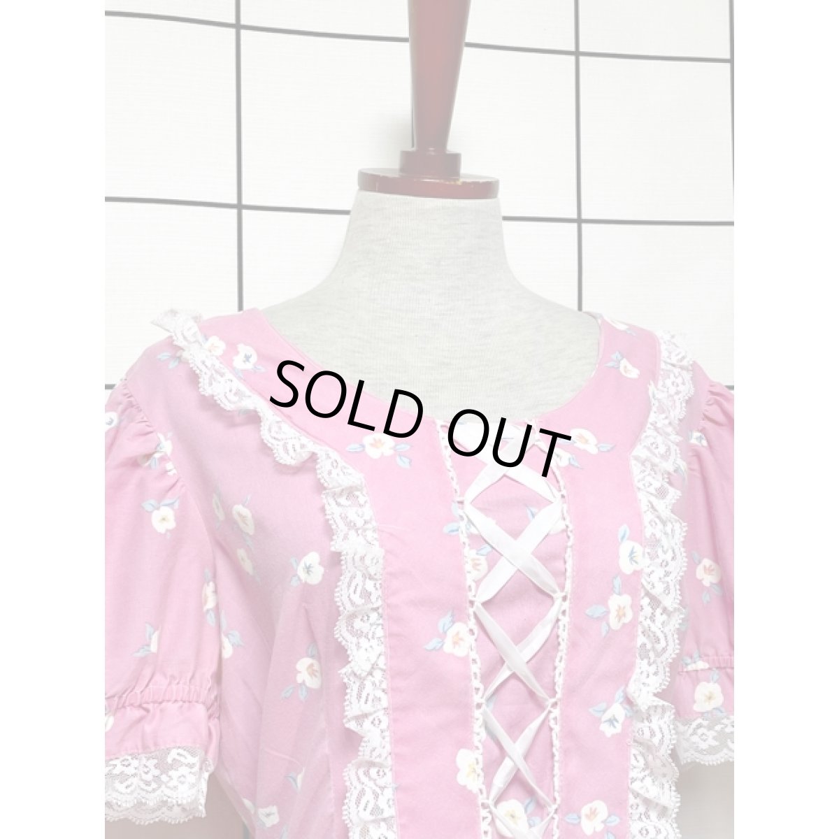 画像8: フリルレース サーキュラーデザイン リボン パフスリーブ 花柄 ヴィンテージドレスワンピース ピンク レトロ アメリカ古着 (8)