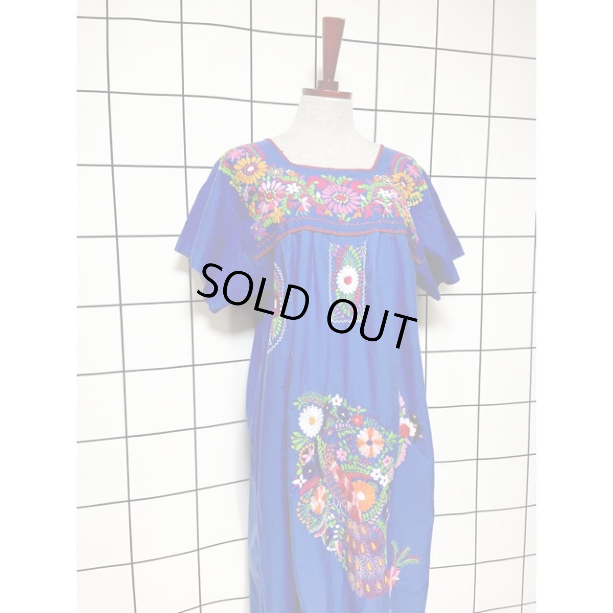 画像4: メキシカン花刺繍ドレス ブルー フォークロア レトロ ヴィンテージ (4)