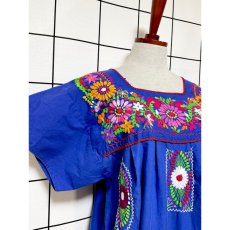 画像8: メキシカン花刺繍ドレス ブルー フォークロア レトロ ヴィンテージ (8)