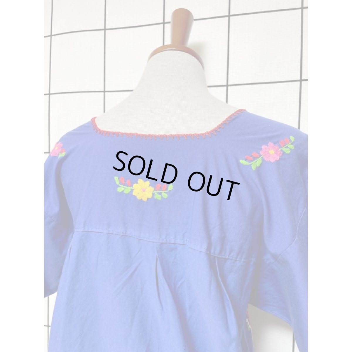 画像3: メキシカン花刺繍ドレス ブルー フォークロア レトロ ヴィンテージ (3)