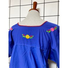 画像3: メキシカン花刺繍ドレス ブルー フォークロア レトロ ヴィンテージ (3)