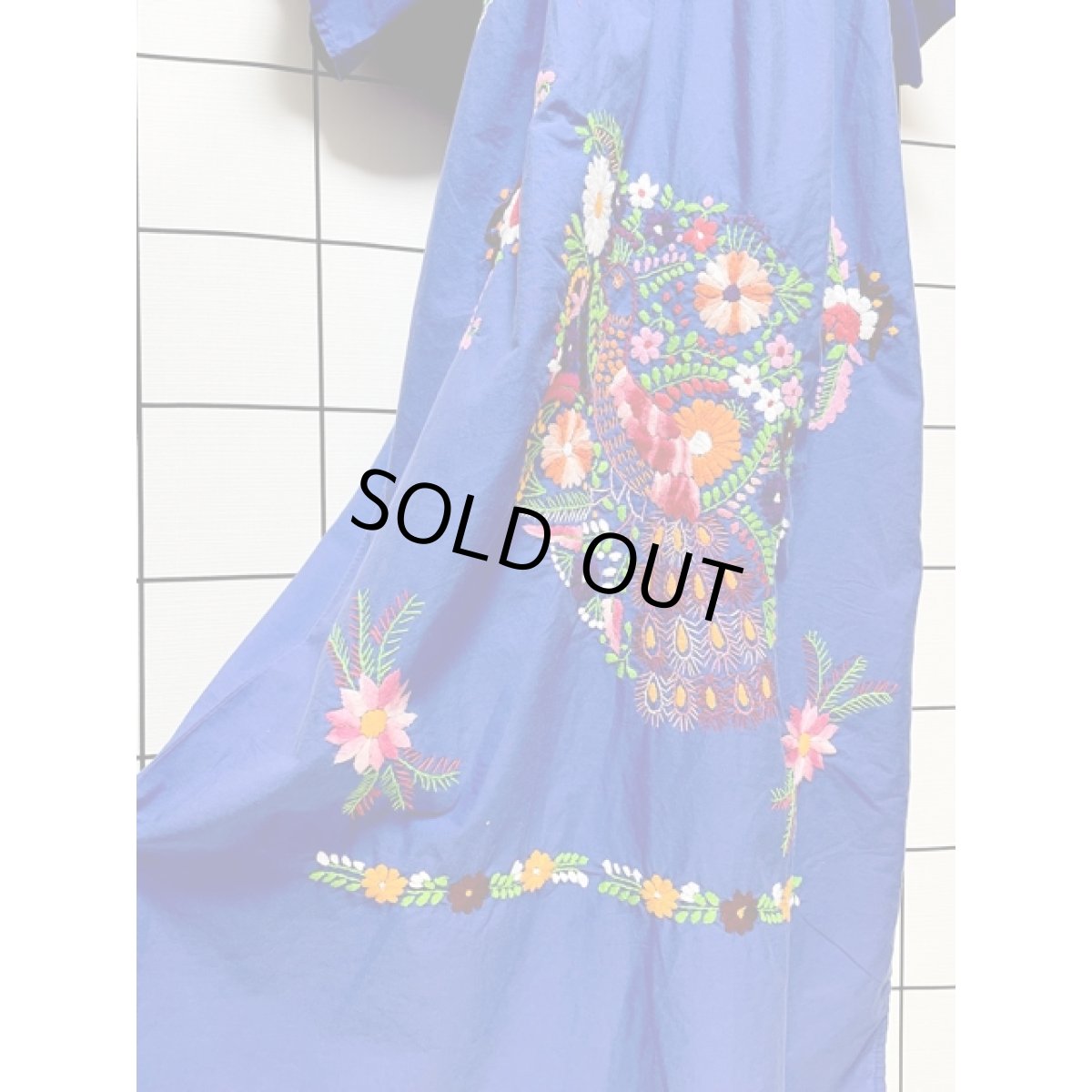 画像10: メキシカン花刺繍ドレス ブルー フォークロア レトロ ヴィンテージ (10)