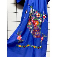 画像10: メキシカン花刺繍ドレス ブルー フォークロア レトロ ヴィンテージ (10)
