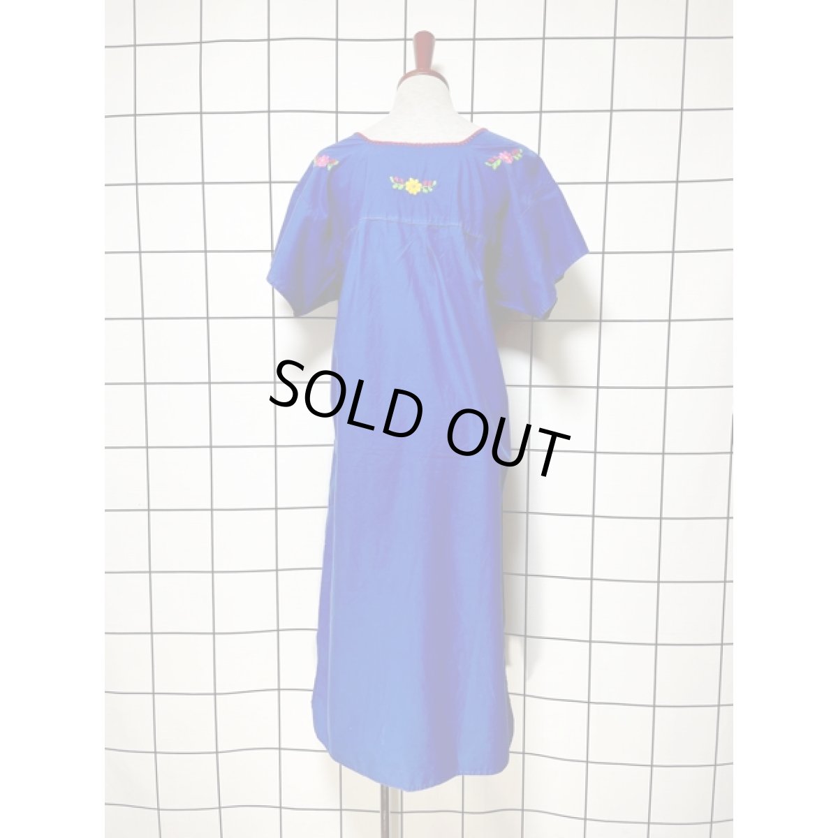 画像2: メキシカン花刺繍ドレス ブルー フォークロア レトロ ヴィンテージ (2)