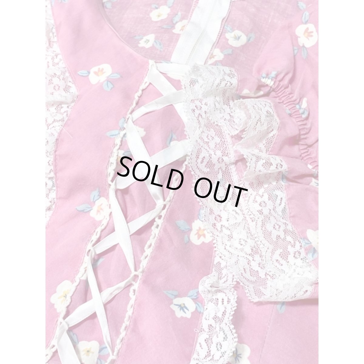 画像14: フリルレース サーキュラーデザイン リボン パフスリーブ 花柄 ヴィンテージドレスワンピース ピンク レトロ アメリカ古着 (14)