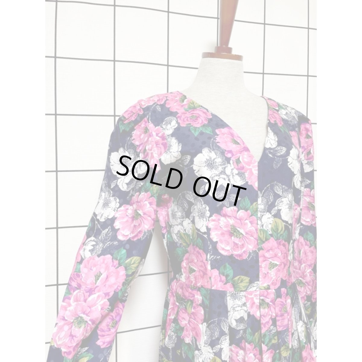 画像6: 花柄 楕円織り模様 ネイビー レトロ 長袖 アメリカ古着 ヴィンテージワンピース (6)