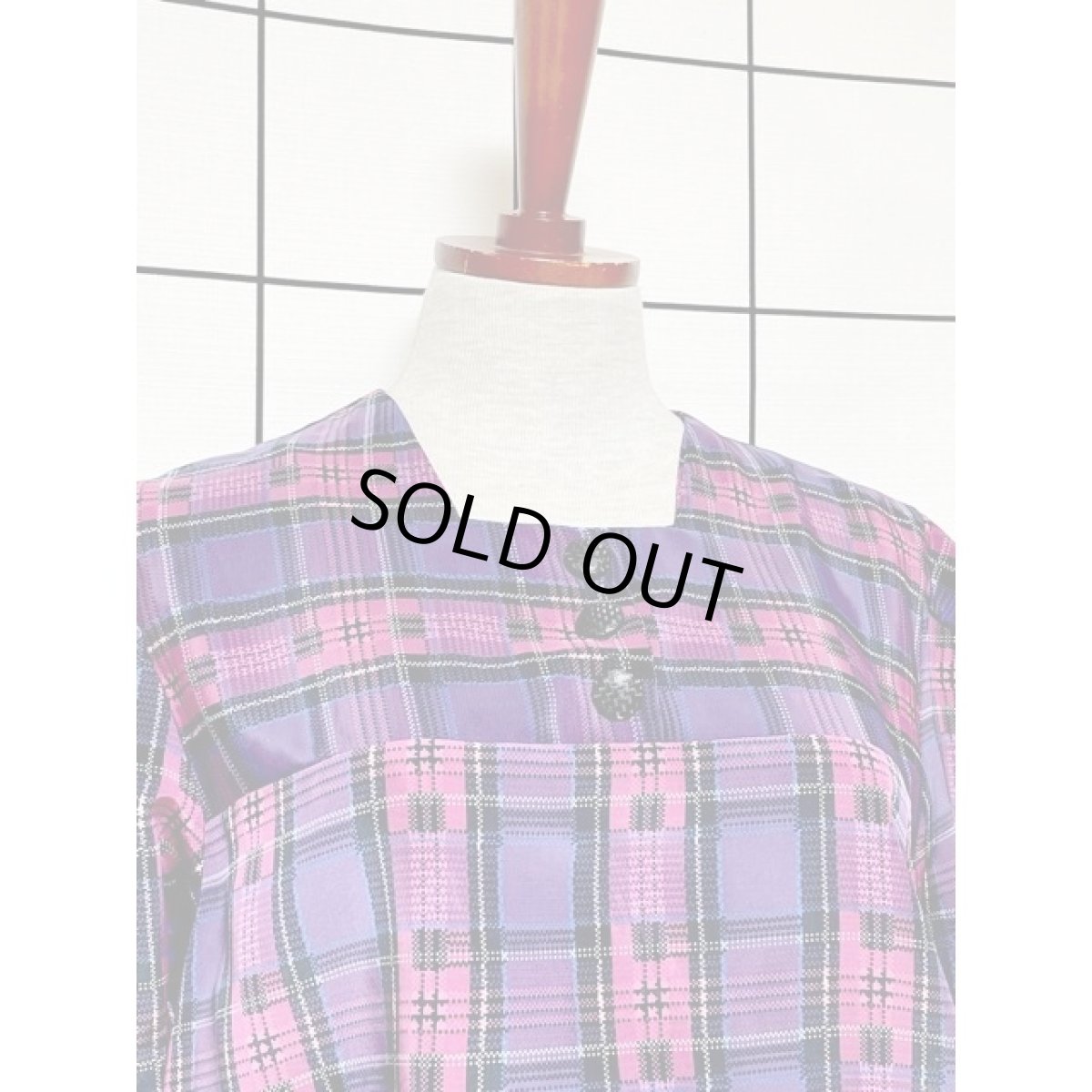 画像5: チェック柄 ロングワンピース パープル ウエストゴム レトロ 半袖 アメリカ古着 ヴィンテージ (5)