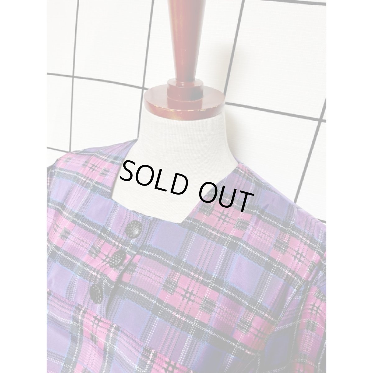 画像4: チェック柄 ロングワンピース パープル ウエストゴム レトロ 半袖 アメリカ古着 ヴィンテージ (4)