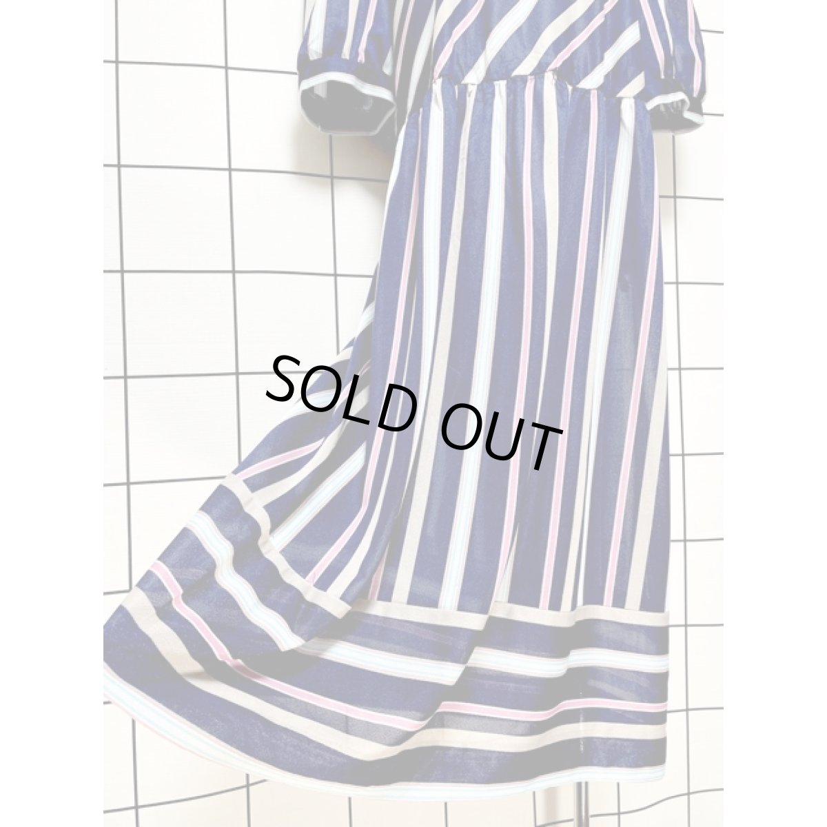 画像9: ストライプ ウエストゴム レトロ ヴィンテージワンピース アメリカ古着 ネイビー (9)