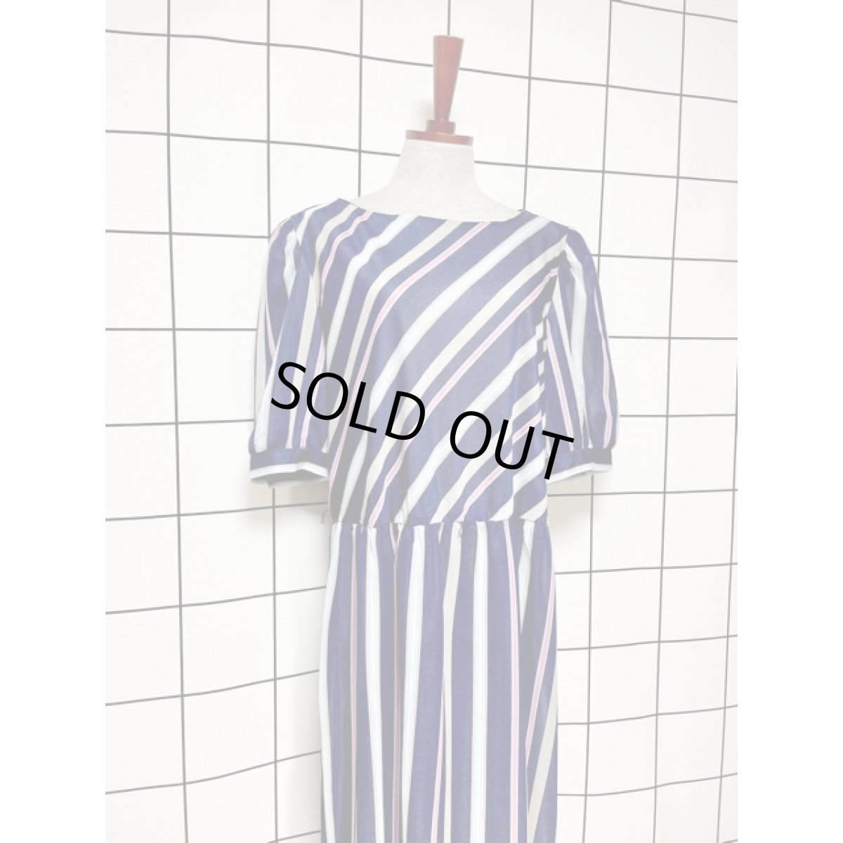 画像3: ストライプ ウエストゴム レトロ ヴィンテージワンピース アメリカ古着 ネイビー (3)