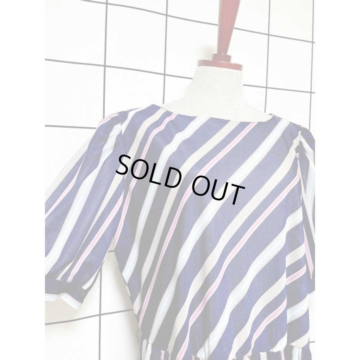 画像6: ストライプ ウエストゴム レトロ ヴィンテージワンピース アメリカ古着 ネイビー (6)