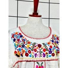 画像7: メキシコ製 鳥刺繍 花刺繍 フォークロア 半袖 レトロ ヴィンテージメキシカンドレス ホワイト 白 (7)