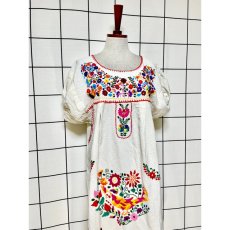 画像5: メキシコ製 鳥刺繍 花刺繍 フォークロア 半袖 レトロ ヴィンテージメキシカンドレス ホワイト 白 (5)