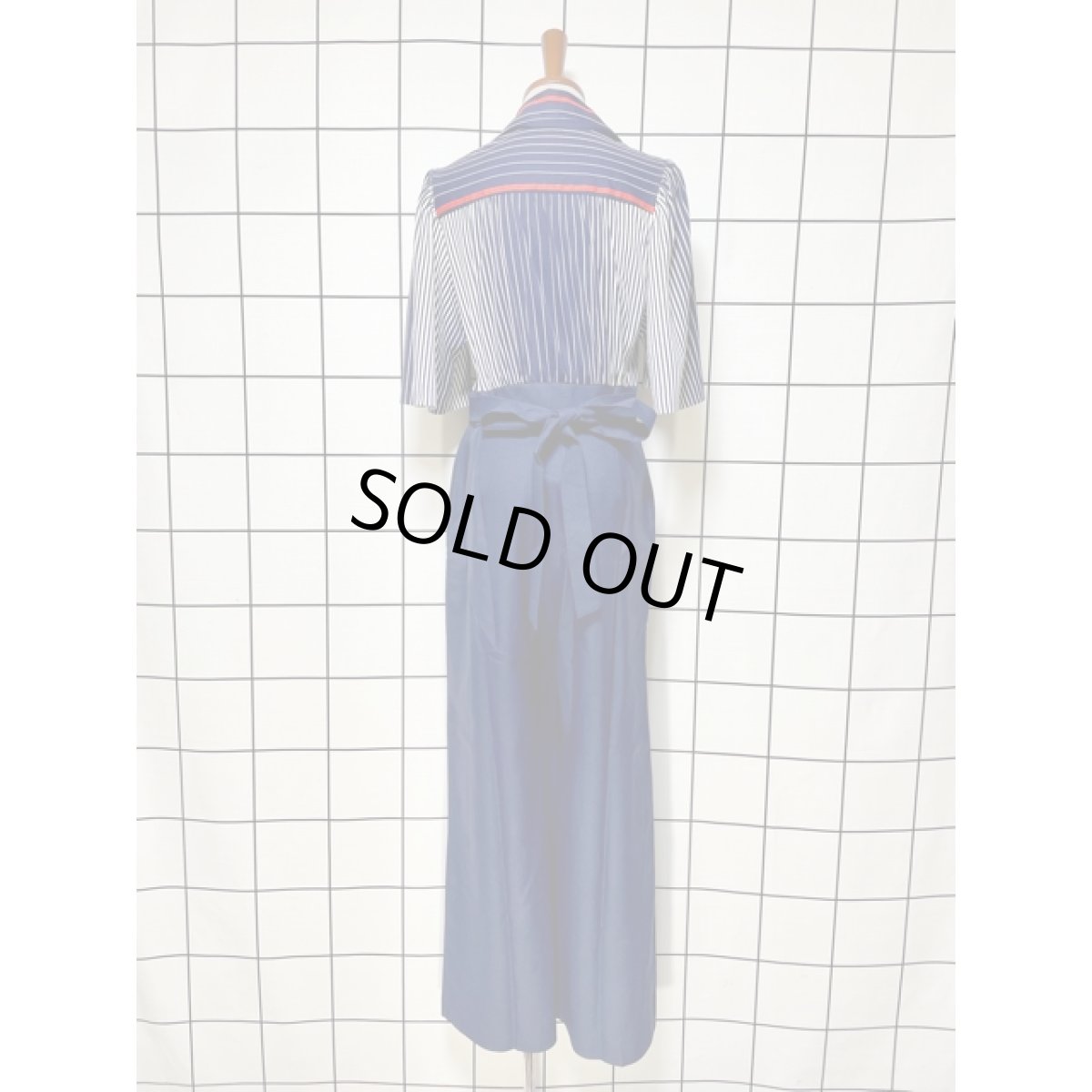 画像2: 大人マリンスタイル ストライプ柄 ボーダー柄 ネイビー 切り替えし フロントジッパー ウエストリボン半袖 レトロ USA古着 ヴィンテージオールインワン (2)