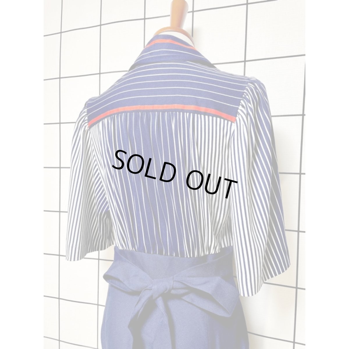 画像3: 大人マリンスタイル ストライプ柄 ボーダー柄 ネイビー 切り替えし フロントジッパー ウエストリボン半袖 レトロ USA古着 ヴィンテージオールインワン (3)