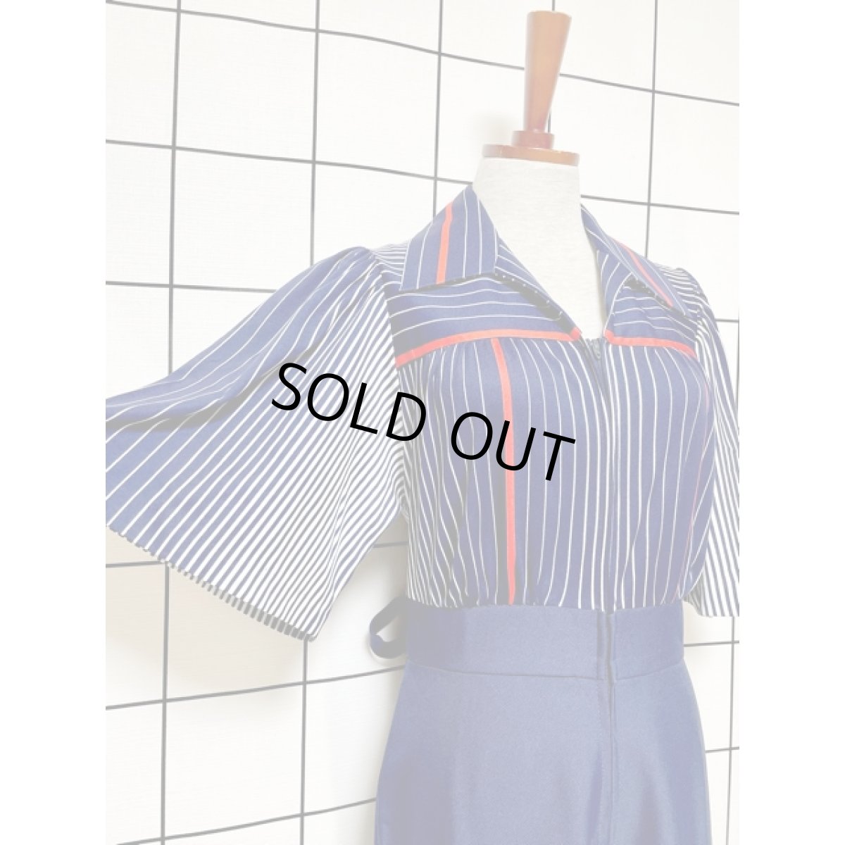 画像8: 大人マリンスタイル ストライプ柄 ボーダー柄 ネイビー 切り替えし フロントジッパー ウエストリボン半袖 レトロ USA古着 ヴィンテージオールインワン (8)