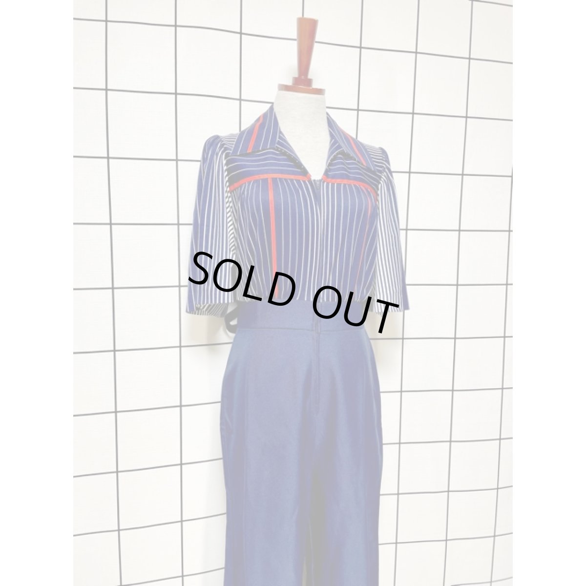 画像5: 大人マリンスタイル ストライプ柄 ボーダー柄 ネイビー 切り替えし フロントジッパー ウエストリボン半袖 レトロ USA古着 ヴィンテージオールインワン (5)