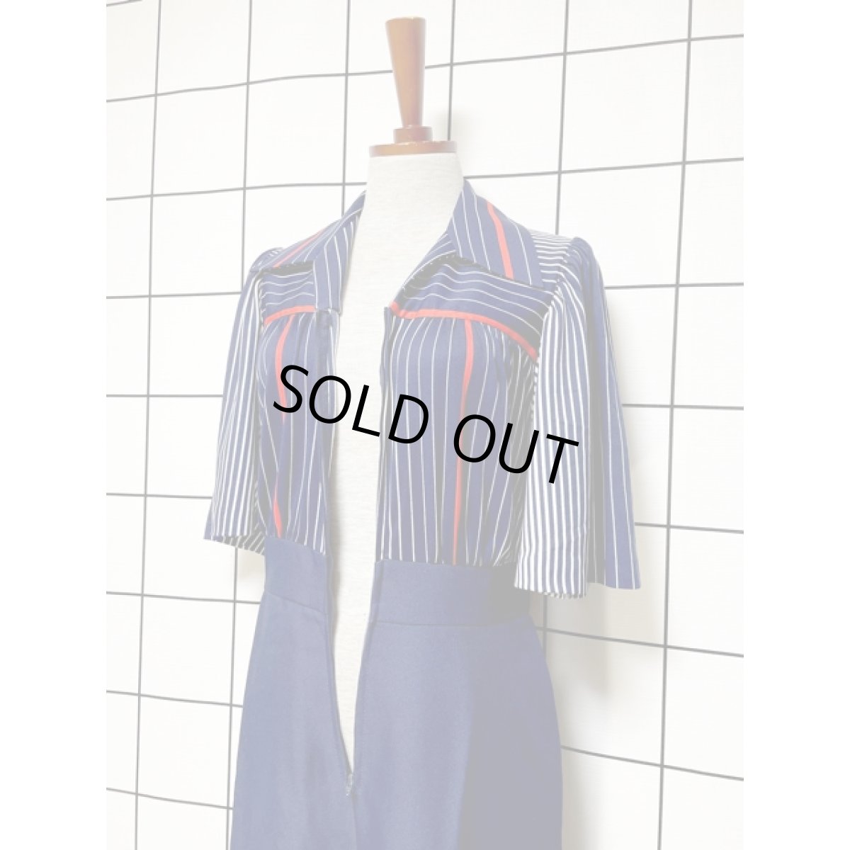 画像13: 大人マリンスタイル ストライプ柄 ボーダー柄 ネイビー 切り替えし フロントジッパー ウエストリボン半袖 レトロ USA古着 ヴィンテージオールインワン (13)