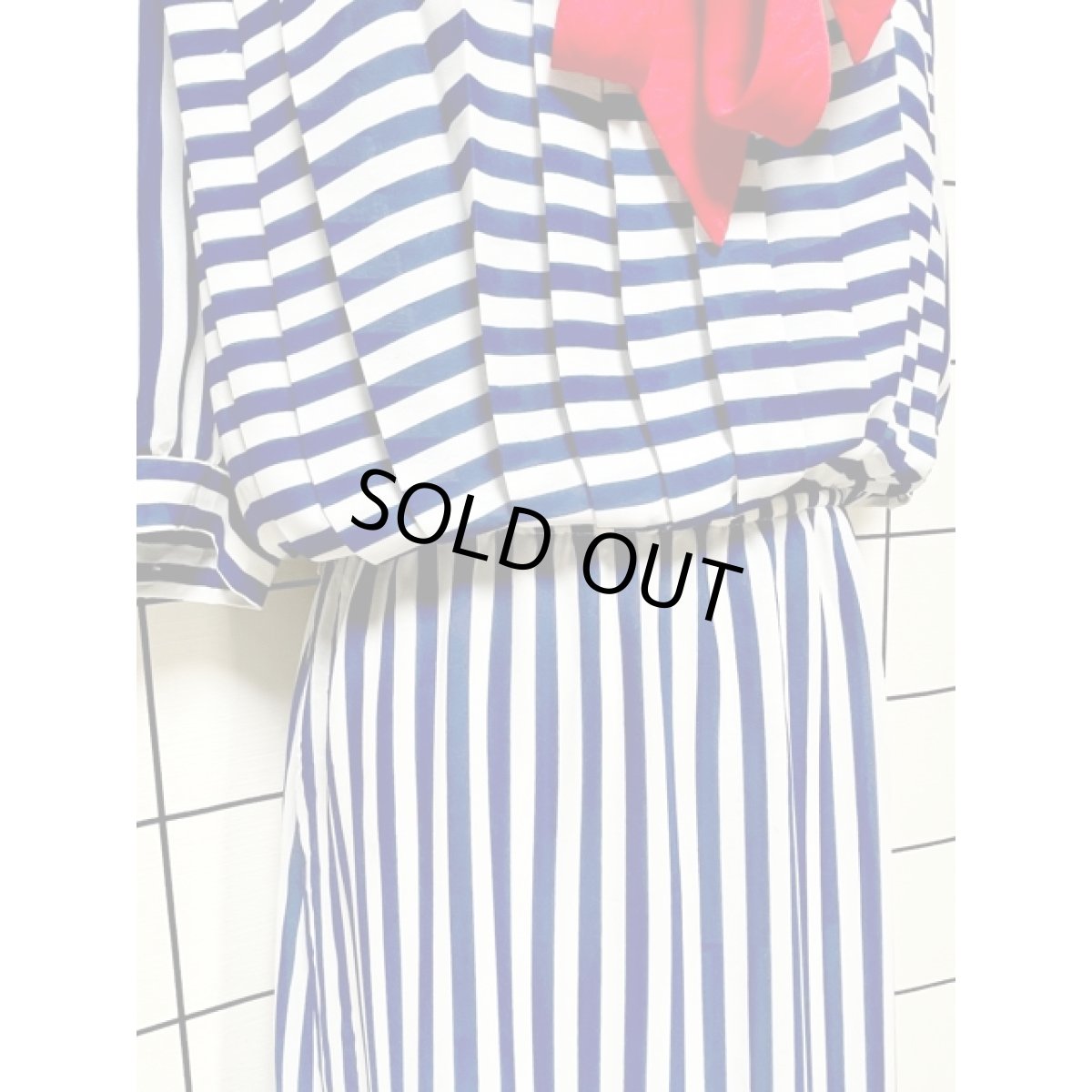 画像8: ストライプ ボーダー リボンタイ フロントタック ウエストゴム レトロ アメリカ古着 ヴィンテージワンピース (8)