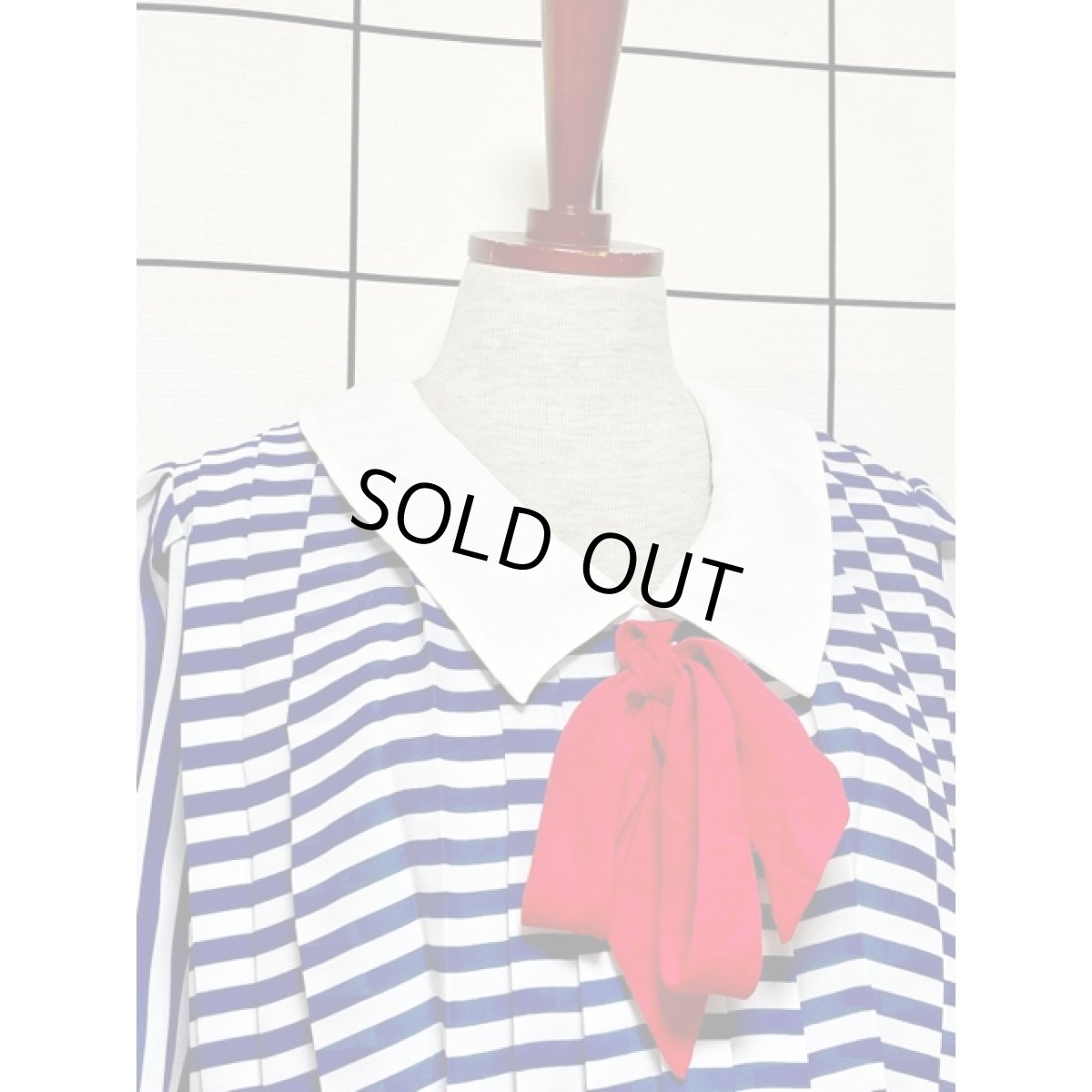 画像6: ストライプ ボーダー リボンタイ フロントタック ウエストゴム レトロ アメリカ古着 ヴィンテージワンピース (6)