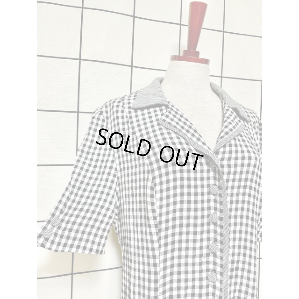 画像6: ギンガムチェック 前開き モノトーン 半袖 レトロ アメリカ古着 ヴィンテージシャツワンピース (6)