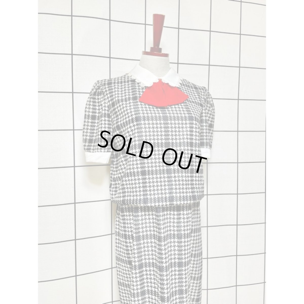 画像5: 千鳥格子柄 フロントリボン レース 半袖 アメリカ古着 レトロ ヴィンテージワンピース (5)