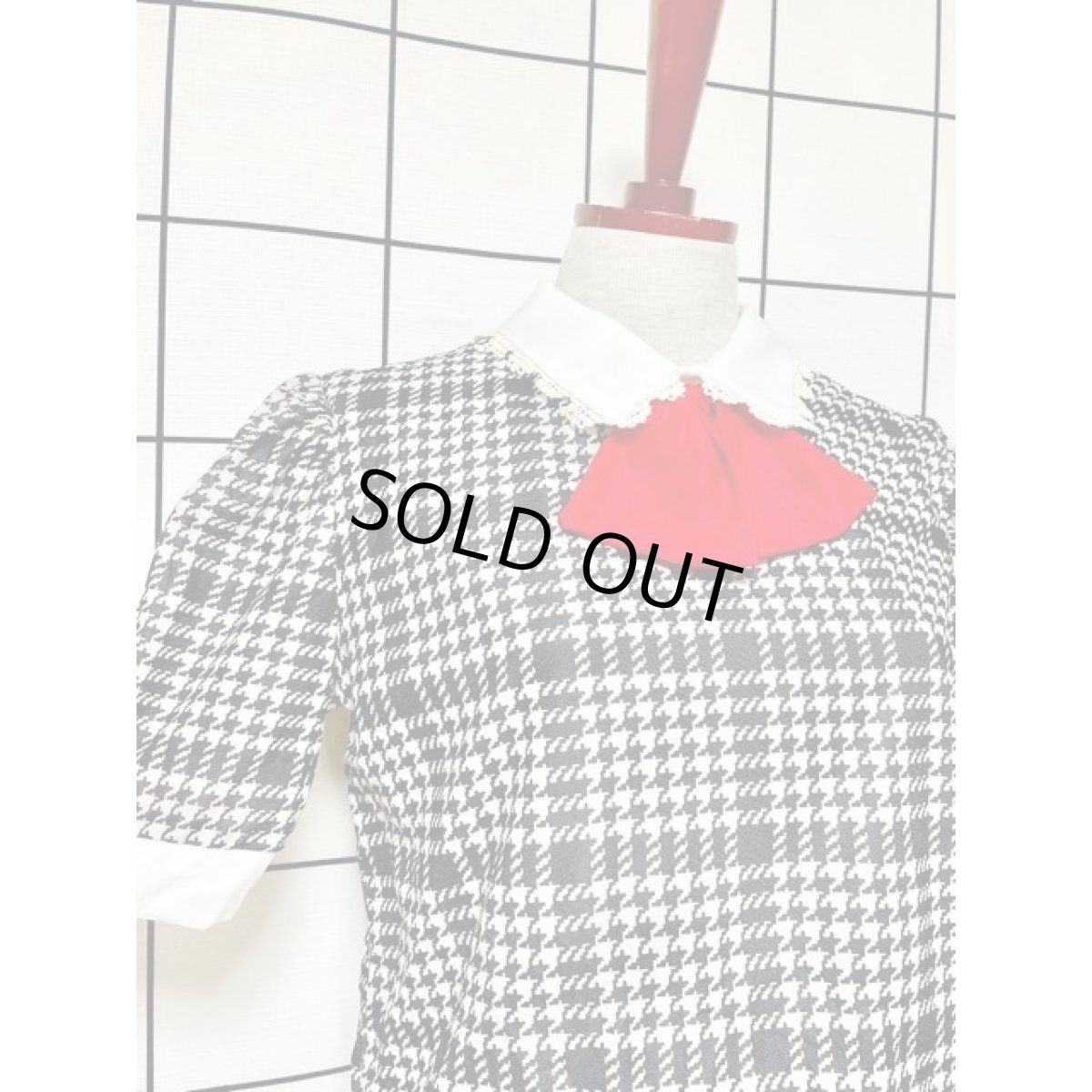 画像8: 千鳥格子柄 フロントリボン レース 半袖 アメリカ古着 レトロ ヴィンテージワンピース (8)