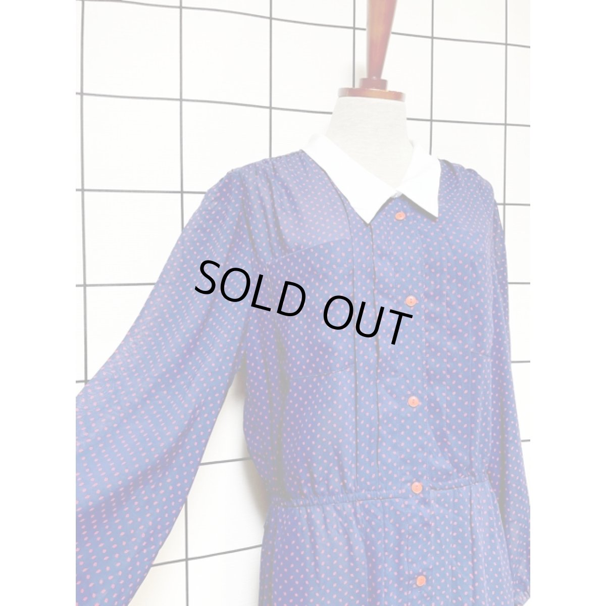 画像6: リーフモチーフプリント 前開き ネイビー ホワイト襟 レトロ 長袖 アメリカ古着 ヴィンテージワンピース (6)