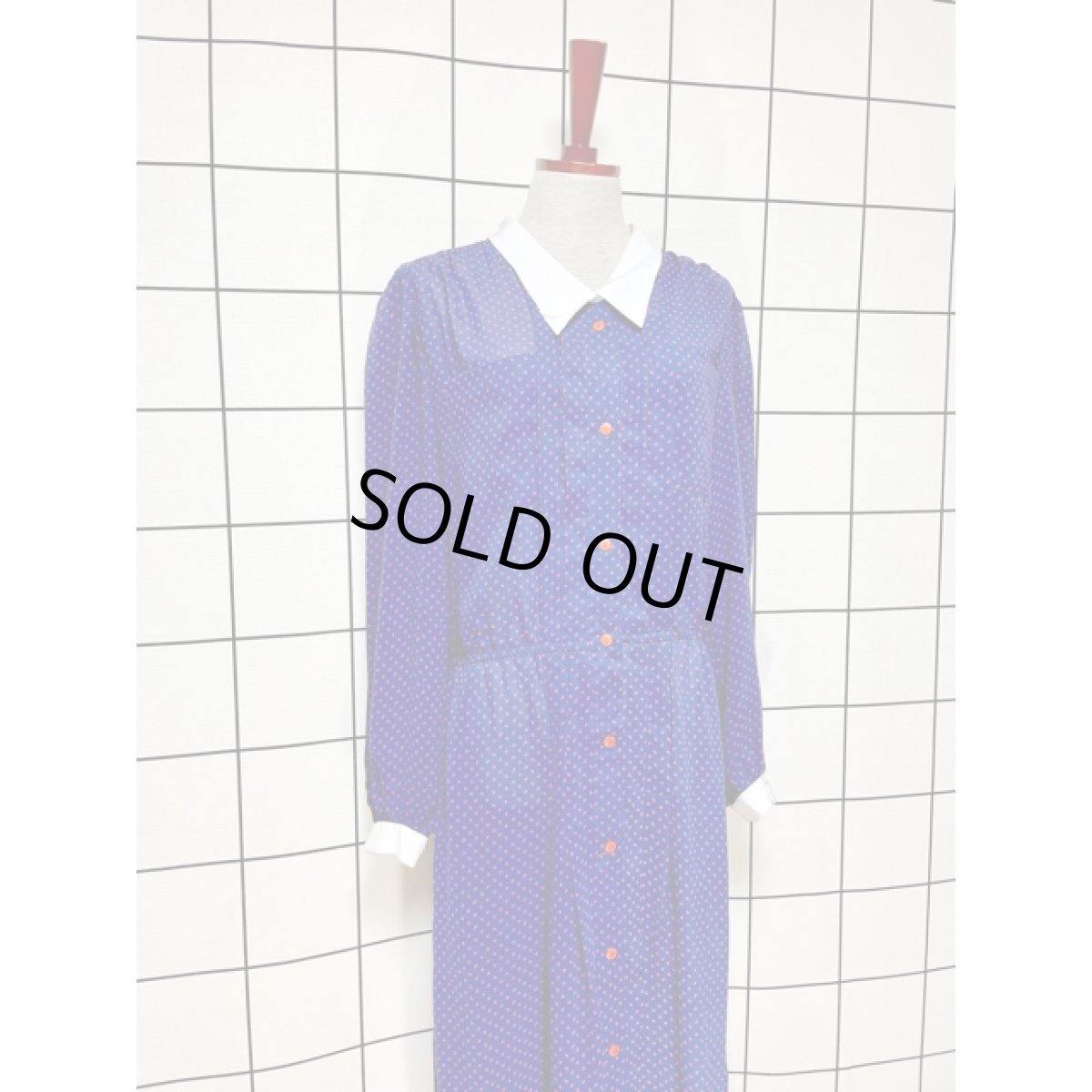 画像3: リーフモチーフプリント 前開き ネイビー ホワイト襟 レトロ 長袖 アメリカ古着 ヴィンテージワンピース (3)