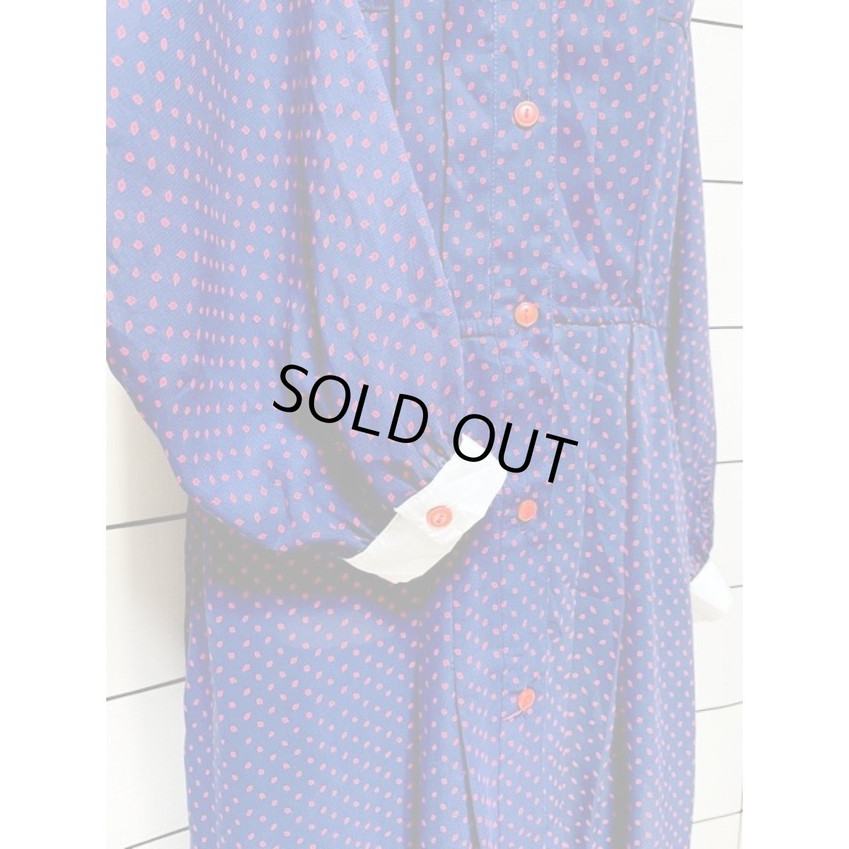 画像7: リーフモチーフプリント 前開き ネイビー ホワイト襟 レトロ 長袖 アメリカ古着 ヴィンテージワンピース (7)