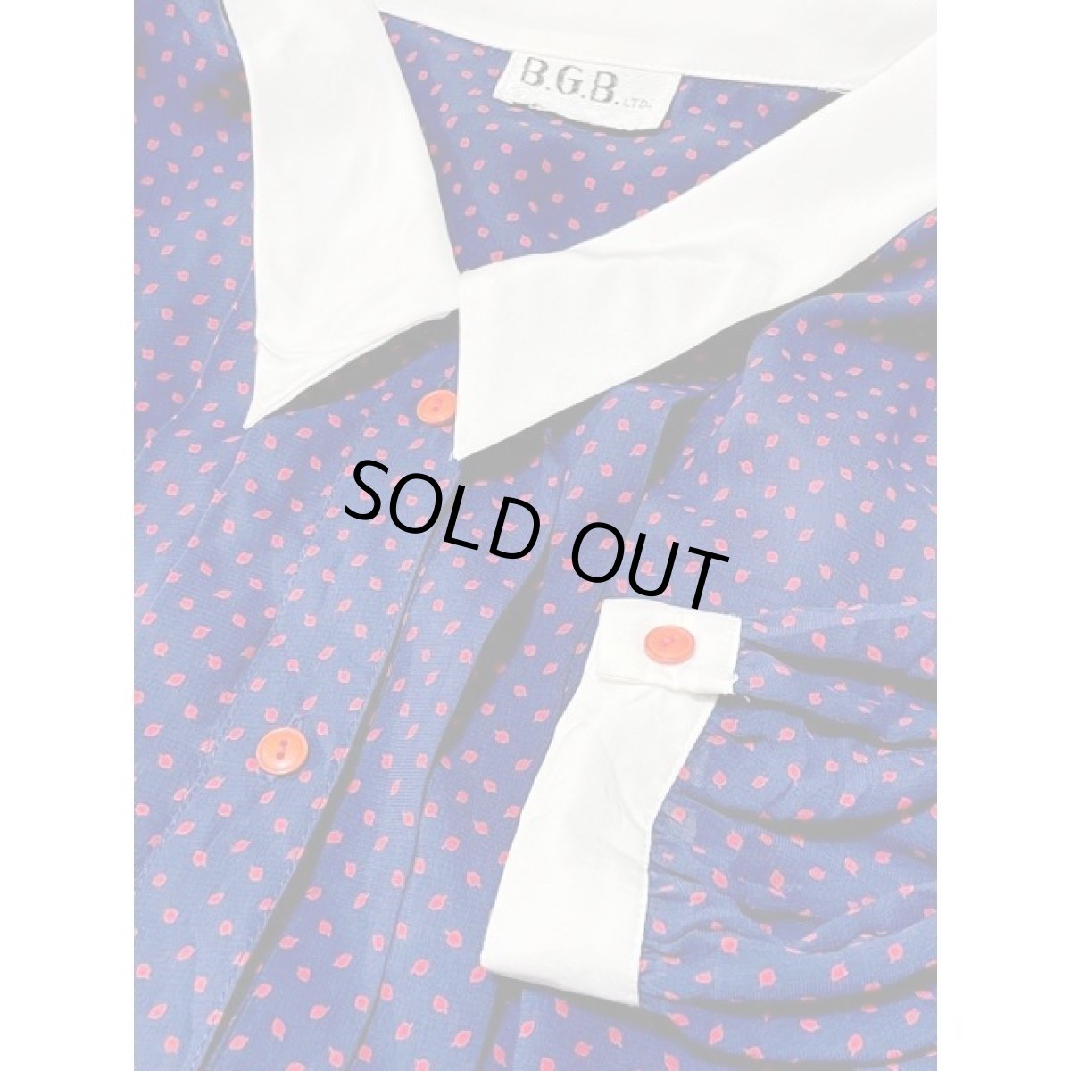 画像10: リーフモチーフプリント 前開き ネイビー ホワイト襟 レトロ 長袖 アメリカ古着 ヴィンテージワンピース (10)