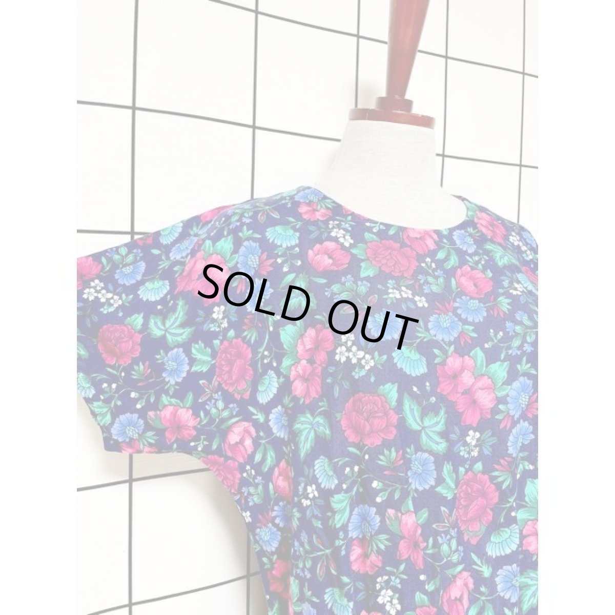 画像7: アンティークフラワー ネイビー ウエストゴム ワンピース レトロ ヴィンテージ 半袖 アメリカ古着 (7)