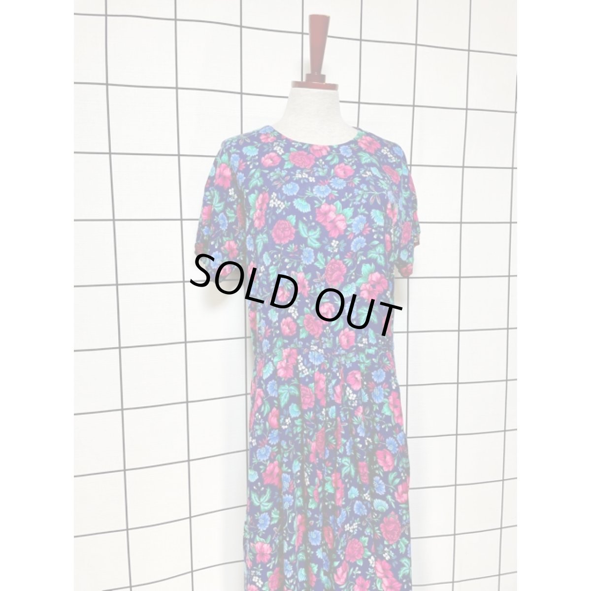 画像4: アンティークフラワー ネイビー ウエストゴム ワンピース レトロ ヴィンテージ 半袖 アメリカ古着 (4)