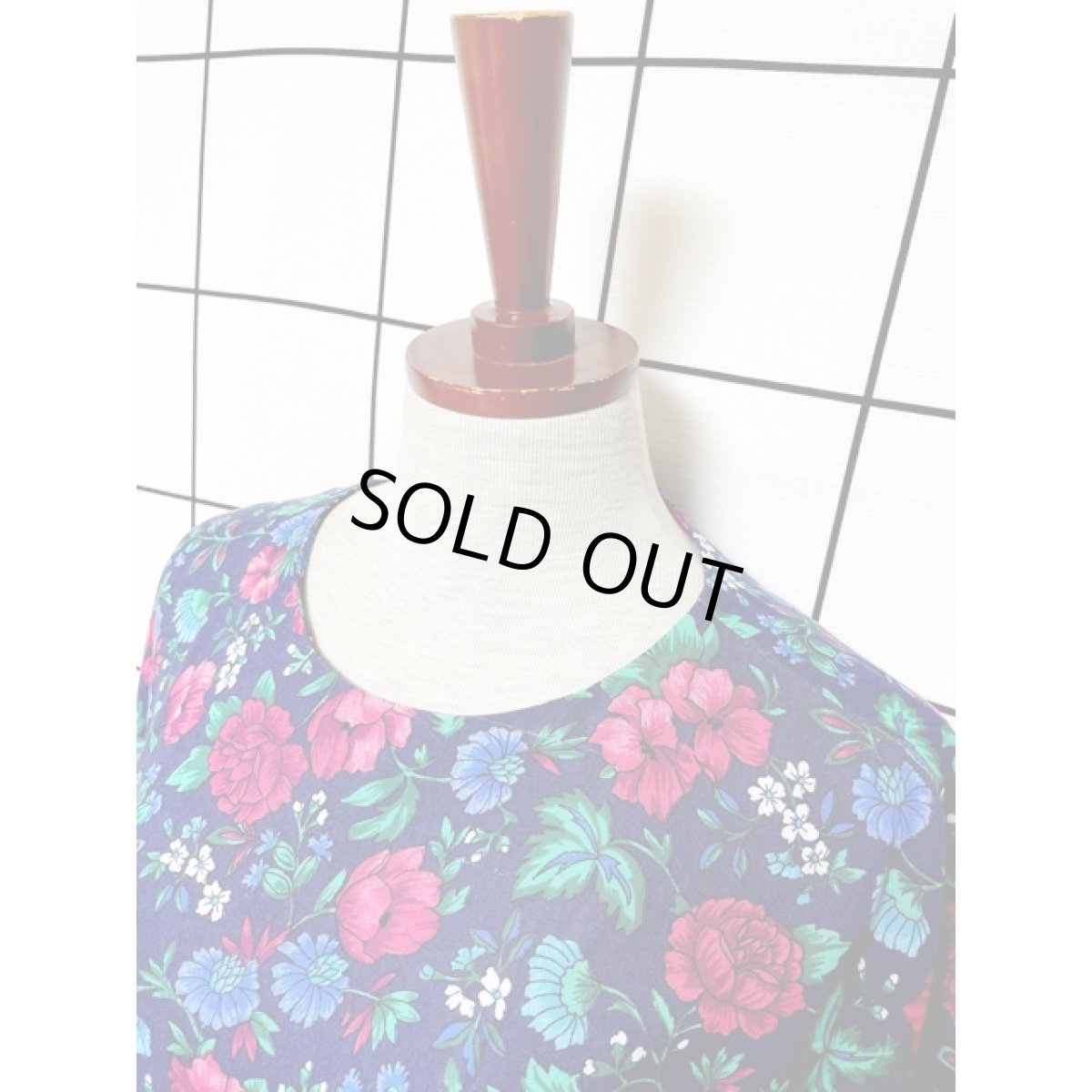 画像5: アンティークフラワー ネイビー ウエストゴム ワンピース レトロ ヴィンテージ 半袖 アメリカ古着 (5)