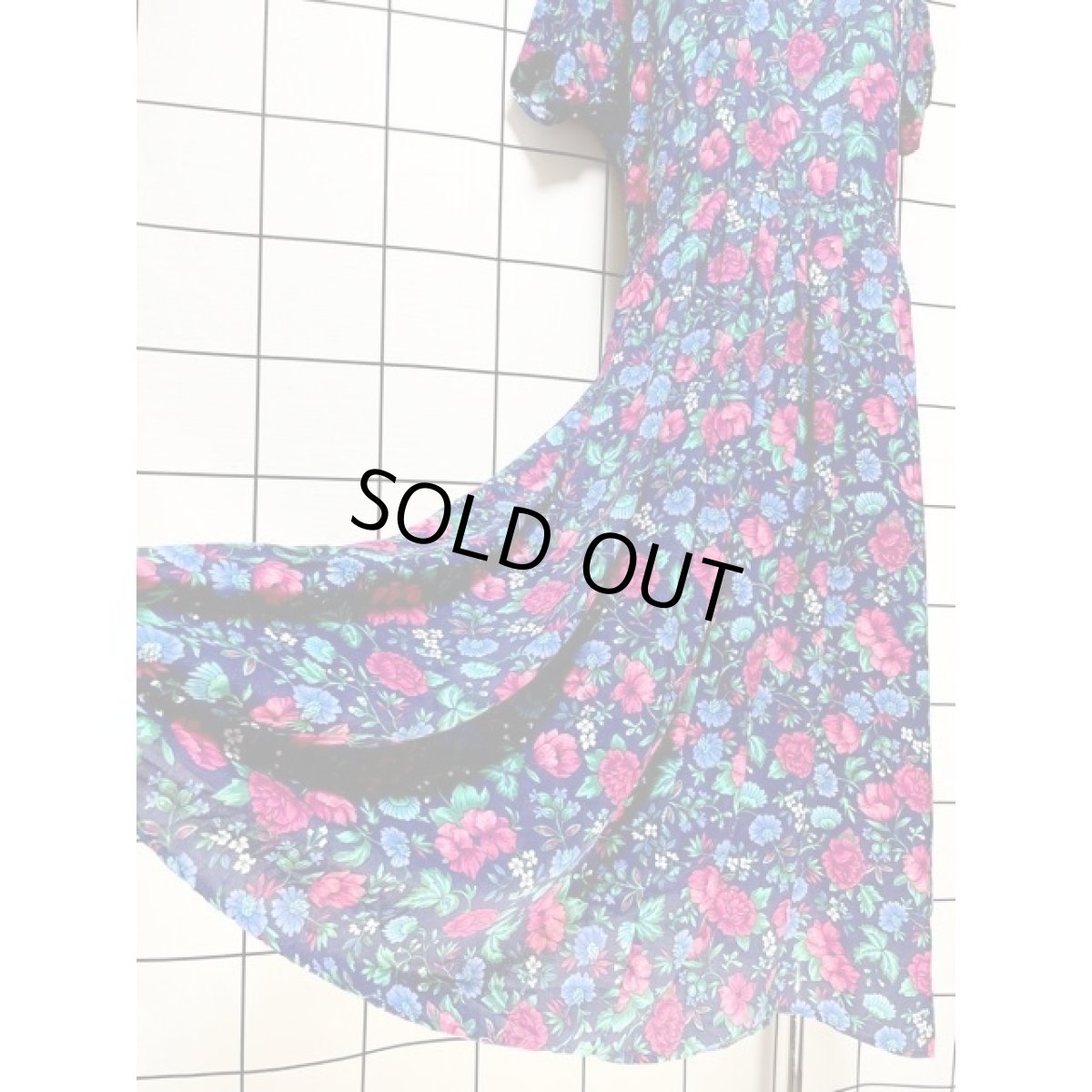 画像10: アンティークフラワー ネイビー ウエストゴム ワンピース レトロ ヴィンテージ 半袖 アメリカ古着 (10)