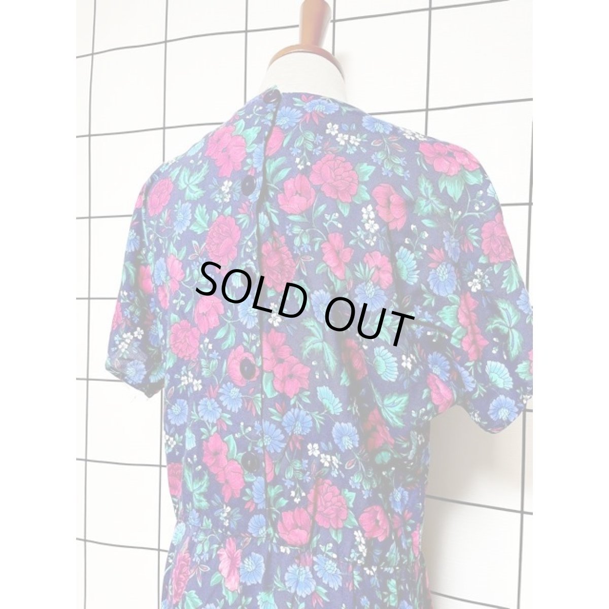 画像3: アンティークフラワー ネイビー ウエストゴム ワンピース レトロ ヴィンテージ 半袖 アメリカ古着 (3)