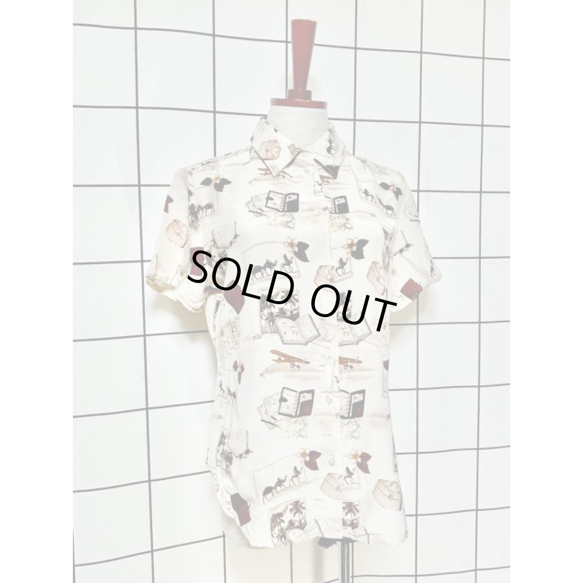 画像3: 手帳 飛行機 ラクダ マルチプリント アメリカ古着 半袖 シャツ レトロブラウス (3)