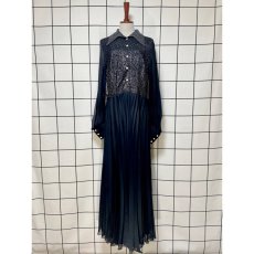 画像1: フランス古着 見事なプリーツデザイン ラメ織り ヨーロッパ ヴィンテージ ロングドレス ブラック パーティーや衣装にもおすすめ (1)