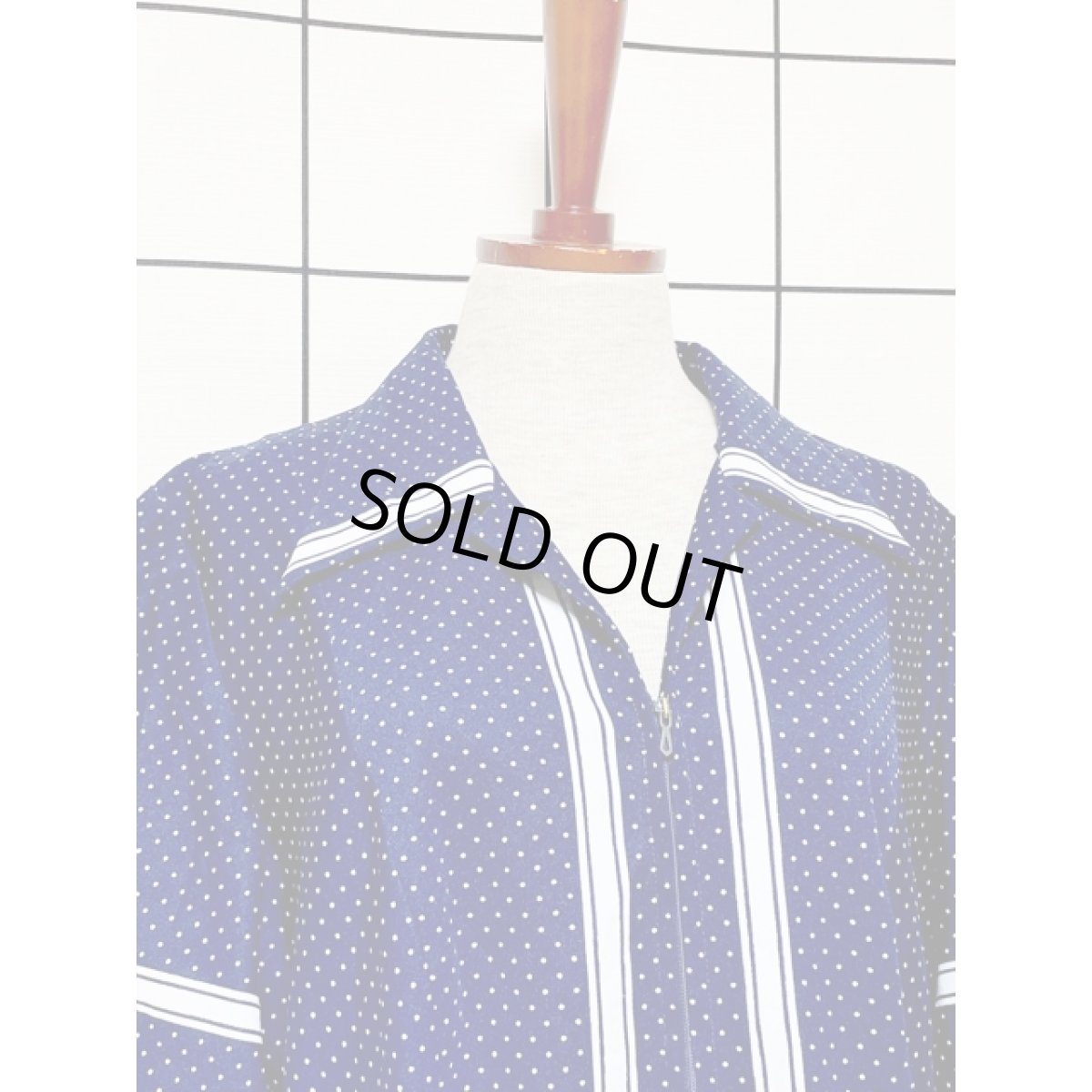 画像5: ドット柄 ネイビー ホワイト ジップアップ 半袖 レトロ ヨーロッパ古着 ヴィンテーワンピース (5)