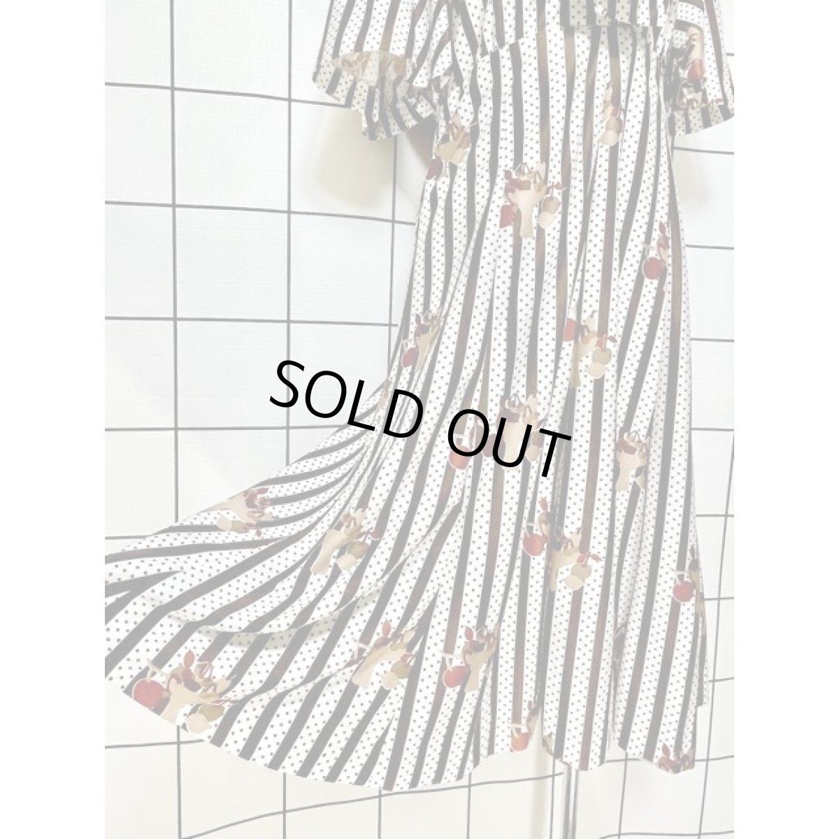 画像11: リボンタイ 木の実柄 ストライプ ドット レトロ 昭和レトロ ヴィンテージワンピース (11)