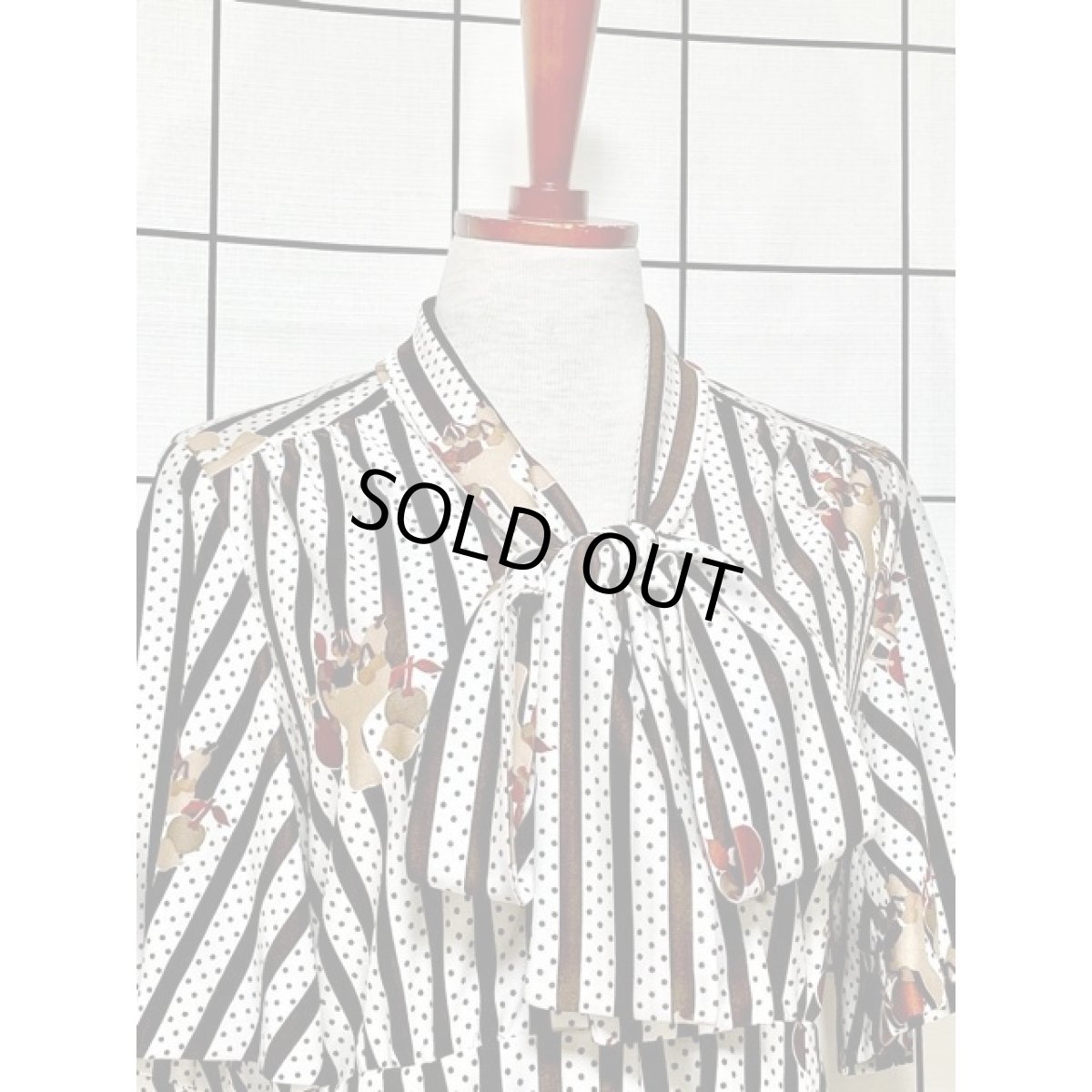 画像6: リボンタイ 木の実柄 ストライプ ドット レトロ 昭和レトロ ヴィンテージワンピース (6)