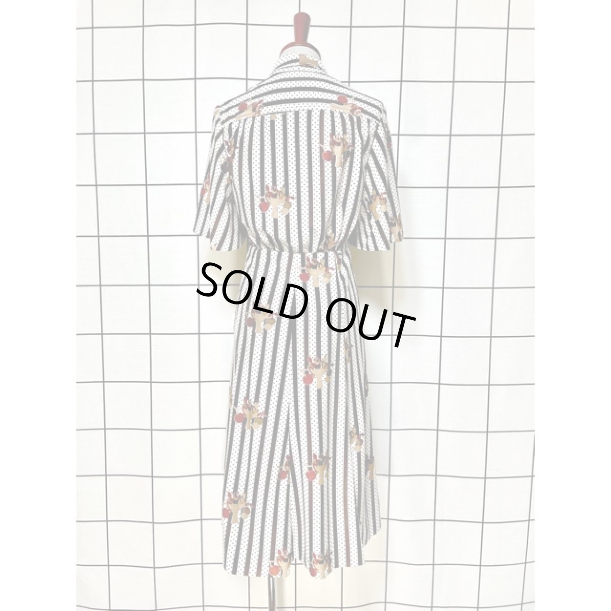 画像3: リボンタイ 木の実柄 ストライプ ドット レトロ 昭和レトロ ヴィンテージワンピース (3)