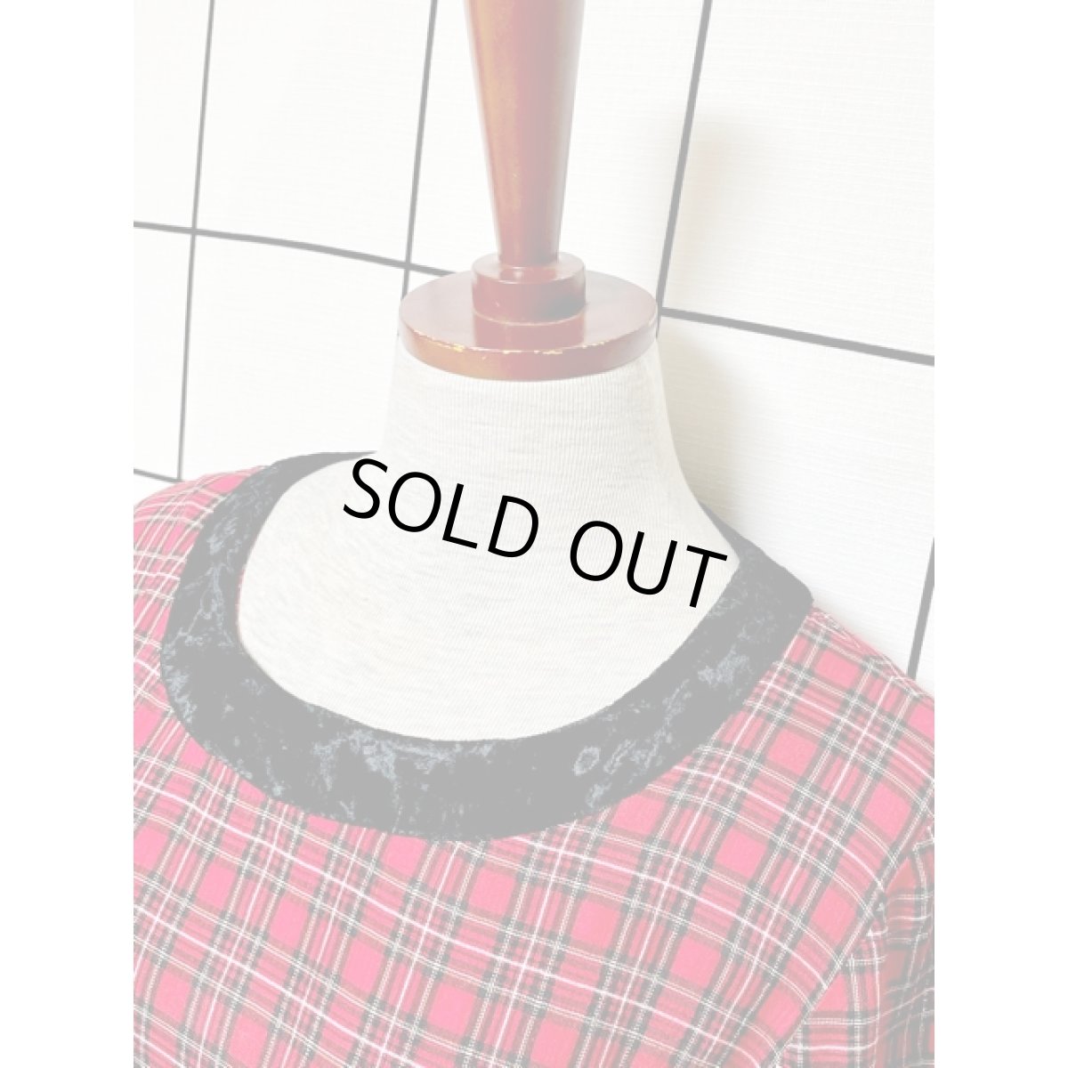 画像6: タータンチェック ベルベット切り替え リボン ヴィンテージ アメリカ古着 ワンピース (6)